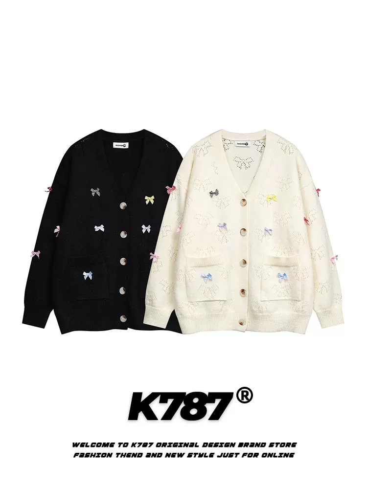 Áo cardigan dệt kim thêu nơ kiểu Mỹ cổ điển K787 dành cho nam và nữ, phong cách preppy mùa đông, áo khoác cặp đôi
