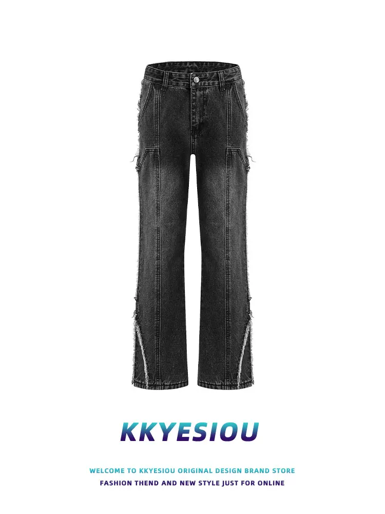 Quần jeans unisex dáng thẳng, cạp cao, phối vải, phong cách đường phố hip-hop, chất liệu thô, kiểu dáng retro thời thượng của thương hiệu KKyesiou Mỹ.