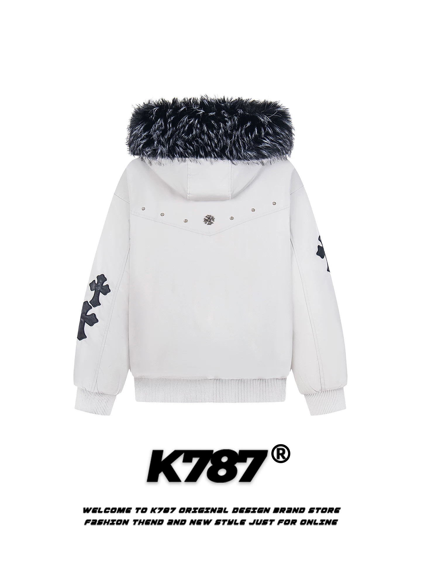 Áo khoác cotton có mũ trùm đầu, cổ lông, thêu họa tiết theo phong cách retro Mỹ K787 dành cho nam và nữ, áo khoác cotton dày dặn và ấm áp dành cho cặp đôi.
