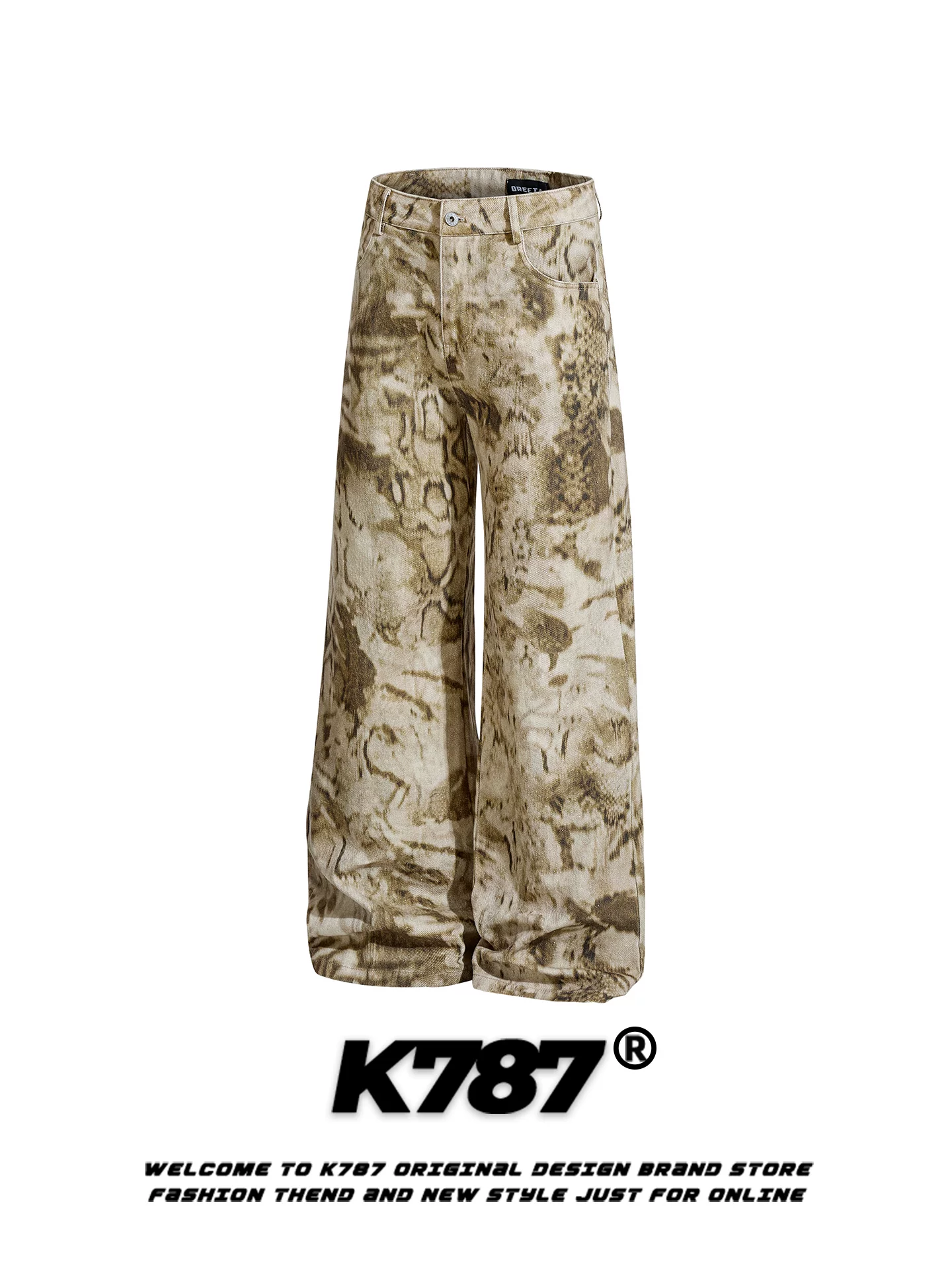 Quần âu kiểu Mỹ cổ điển họa tiết da rắn K787, unisex, cạp cao, dáng rộng, thời trang đường phố, ống rộng, dài chấm đất