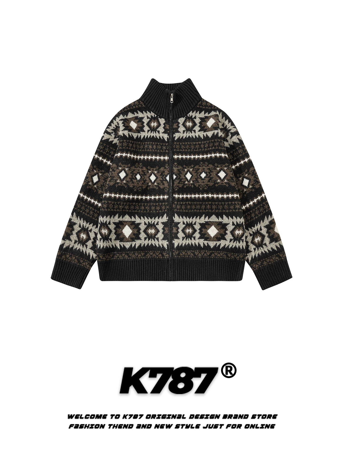 Áo len cardigan jacquard kiểu Mỹ cổ điển K787 dành cho nam và nữ, thương hiệu thời thượng, dáng rộng, ấm áp, áo len cổ đứng dành cho cặp đôi