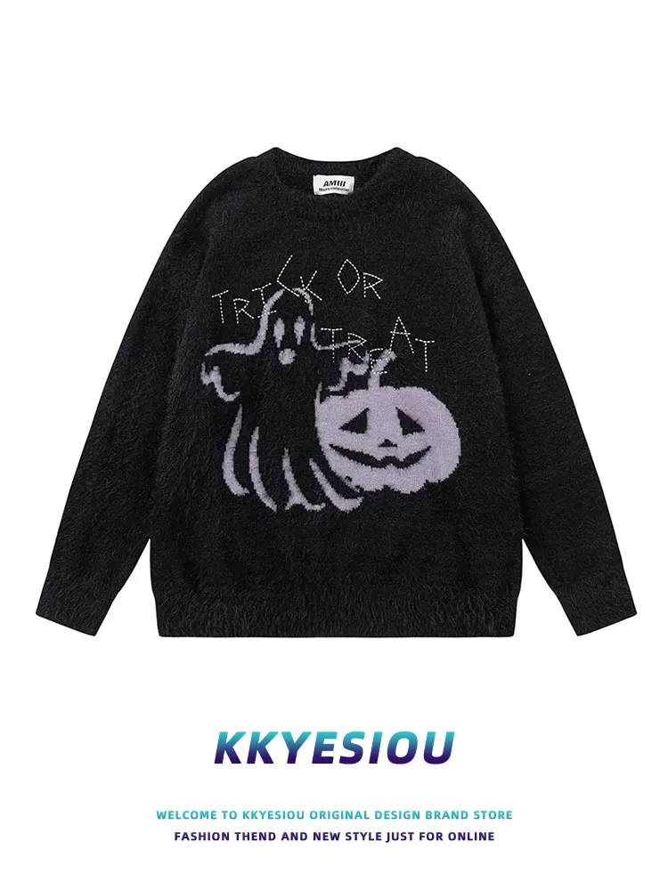 Áo len KKyesiou Halloween vui nhộn hình bí ngô ma quái dành cho nam và nữ, áo len đôi thiết kế màu cam đậm tạo không khí