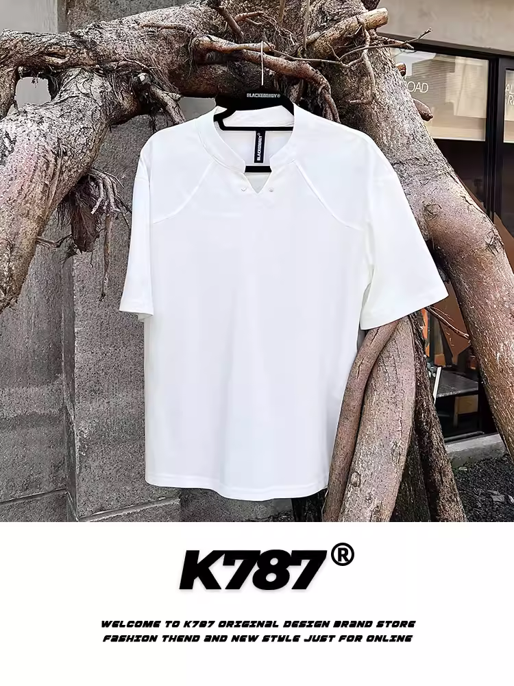 K787 Áo thun ngắn tay cổ chữ V nhỏ màu trơn phong cách retro Mỹ cổ điển unisex cổ đứng đa năng áo thun nửa tay mùa hè