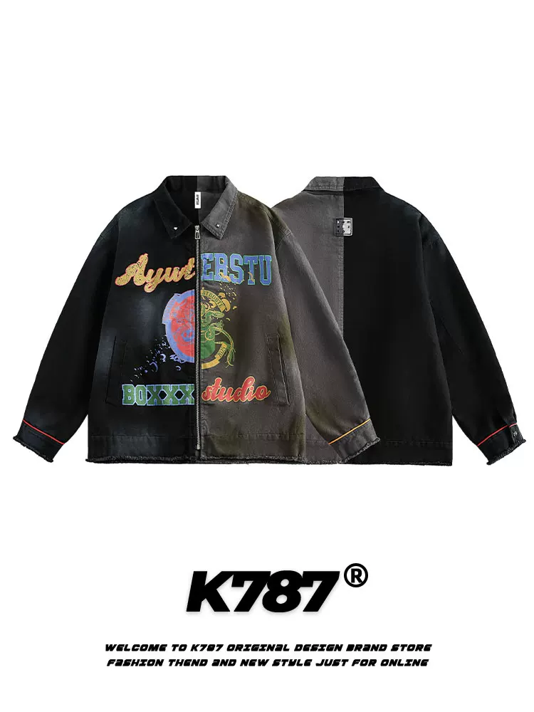 K787 Áo khoác denim màu khối bất đối xứng theo xu hướng cổ điển của Mỹ, áo khoác denim unisex thiết kế thích hợp dành cho cặp đôi