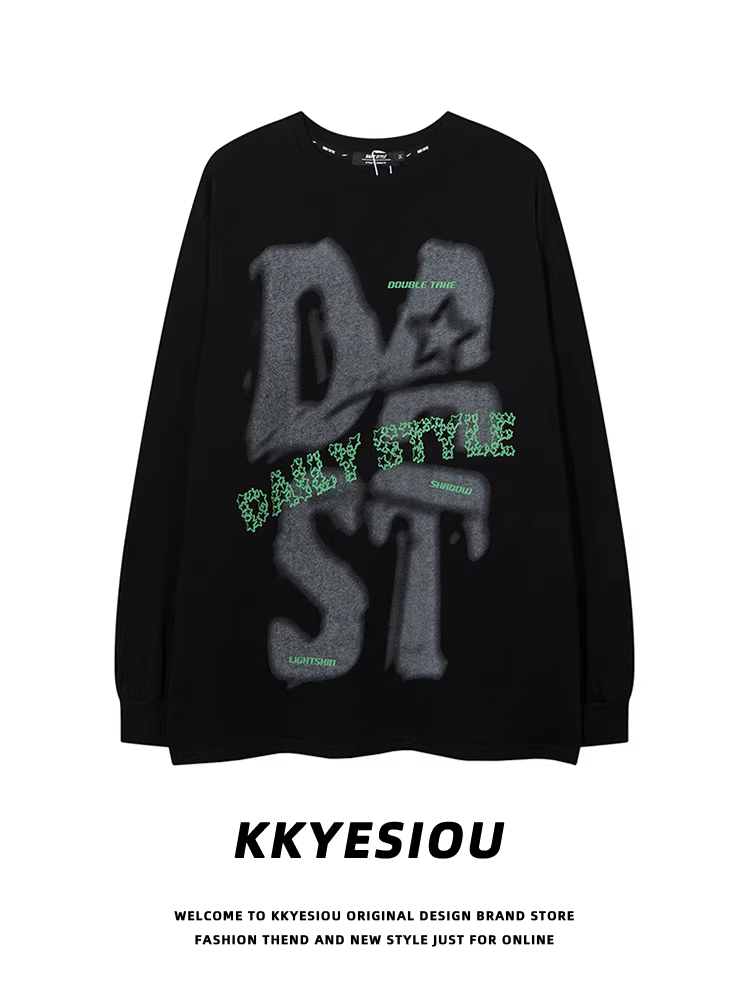 Áo thun cặp đôi thiết kế graffiti chữ cái retro Mỹ KKyesiou, chất liệu mỏng, dáng rộng, tay dài, dành cho nam và nữ