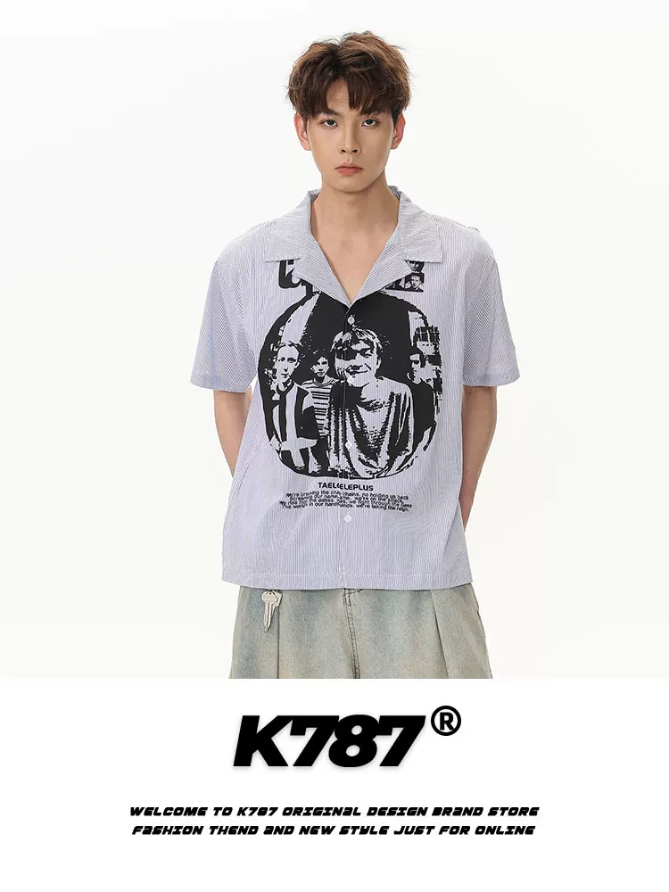 Áo sơ mi ngắn tay in hình chân dung cổ điển kiểu Mỹ K787 dành cho nam và nữ, áo cardigan phong cách cleanfit theo xu hướng quốc gia