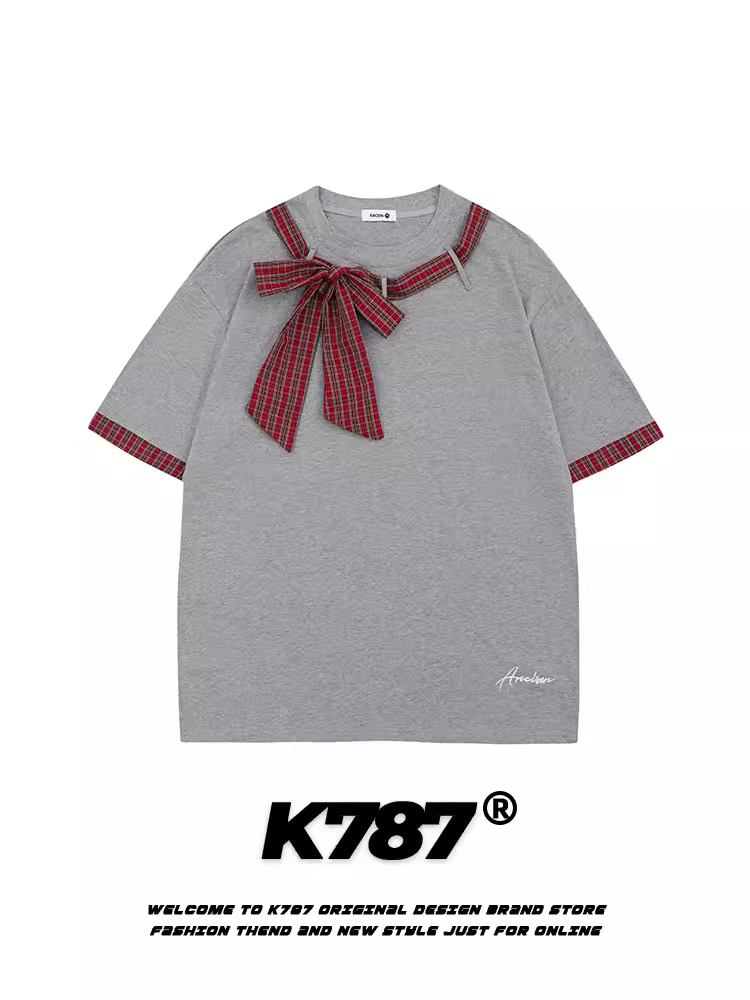 K787 Áo thun ngắn tay kiểu Mỹ cổ điển chắp vá vui nhộn dành cho nam và nữ, áo kiểu kẻ sọc phong cách đại học lười biếng dành cho cặp đôi