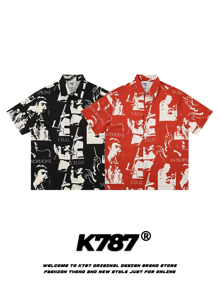 K787 Áo sơ mi ngắn tay dáng rộng in họa tiết cổ điển kiểu Mỹ dành cho nam và nữ áo cardigan nửa tay theo xu hướng quốc gia cổ điển dành cho cặp đôi