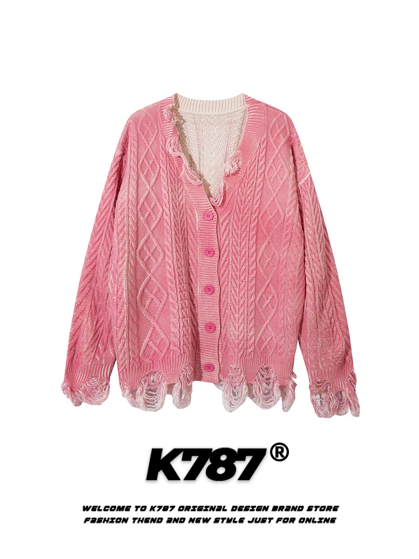 Áo len cardigan kiểu Mỹ cổ điển, thời thượng, thiết kế rách cá tính dành cho nam và nữ, phong cách lười biếng, áo khoác len cặp màu hồng ấm áp