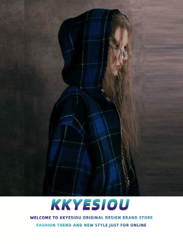 Áo khoác nỉ có mũ trùm đầu kiểu Mỹ cổ điển, kẻ caro, tay dài, unisex, có khóa kéo sau lưng màu hồng