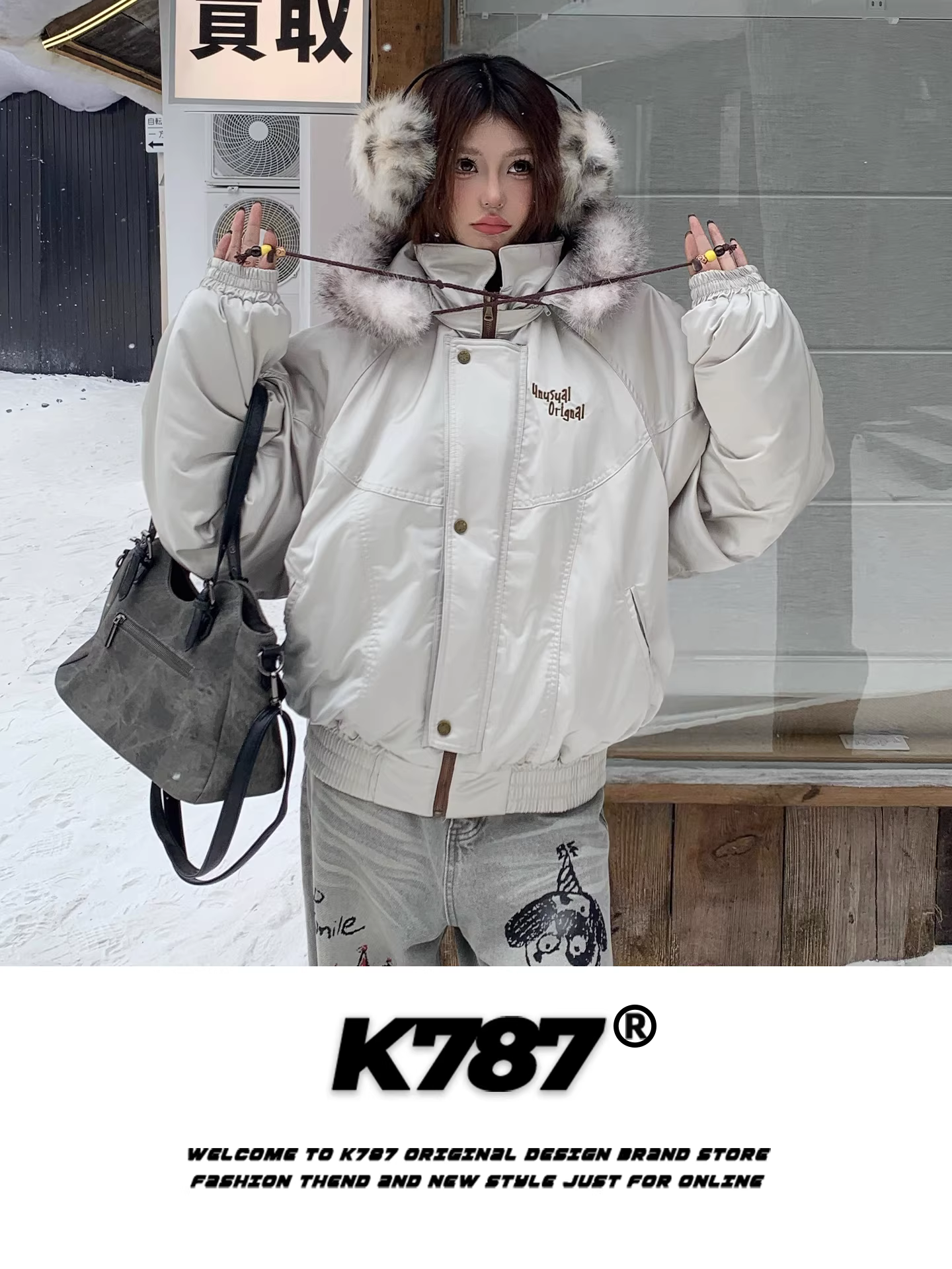 Áo khoác cotton có mũ trùm đầu, cổ lông, thêu chữ phong cách đường phố Mỹ K787 dành cho nam và nữ, kiểu dáng rộng rãi, chất liệu dày dặn, áo khoác đôi.