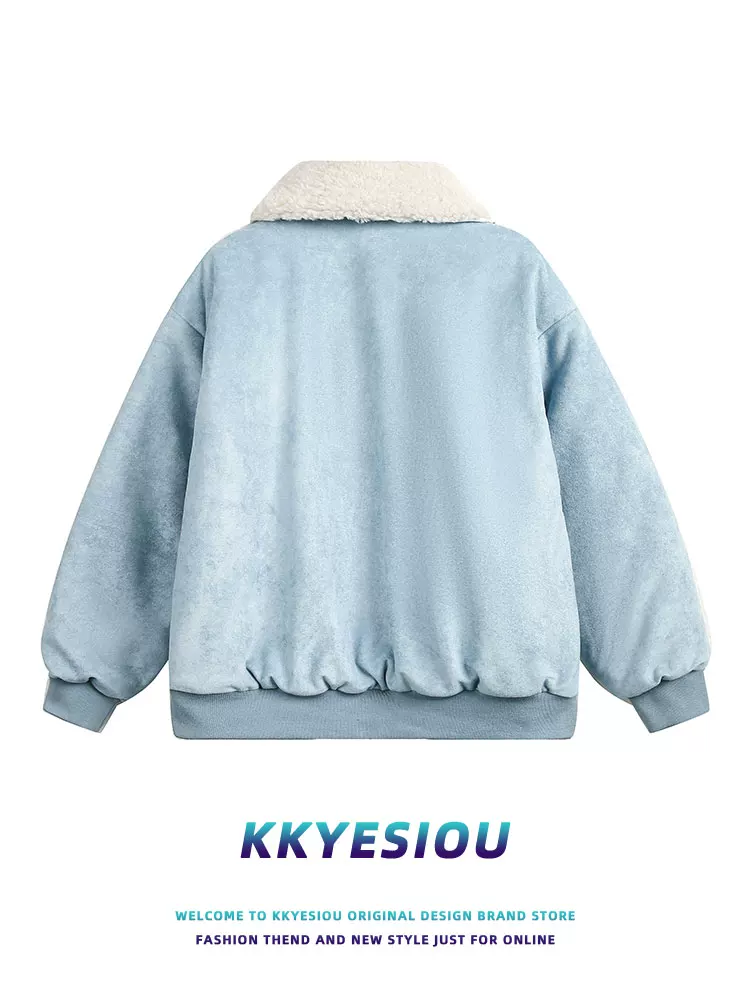 Áo khoác cotton cổ lông tháo rời phong cách retro Mỹ của KKyesiou dành cho nam và nữ, áo khoác dày kiểu vintage dành cho cặp đôi