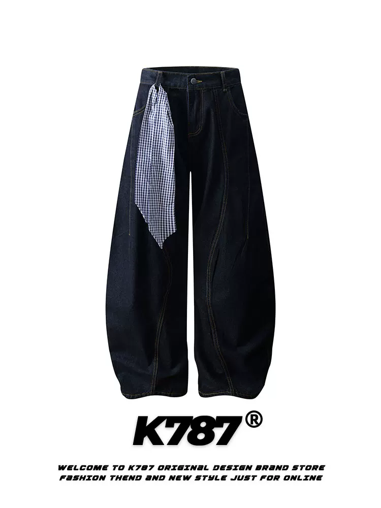 Quần jeans unisex dáng rộng ống rộng phong cách đường phố cao cấp, chất liệu cleanfit, kiểu dáng retro Mỹ, có khăn quàng cổ hình vuông tháo rời được, mã K787