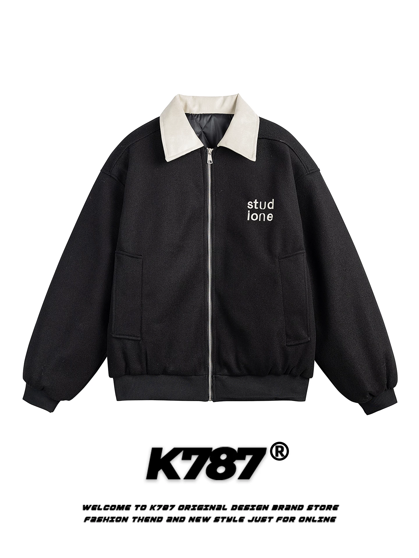 Áo khoác cotton thêu chữ cổ điển kiểu Mỹ K787 dành cho nam và nữ, thương hiệu thời thượng, dáng rộng, phối màu, áo khoác cotton mùa đông ấm áp và dày dặn.