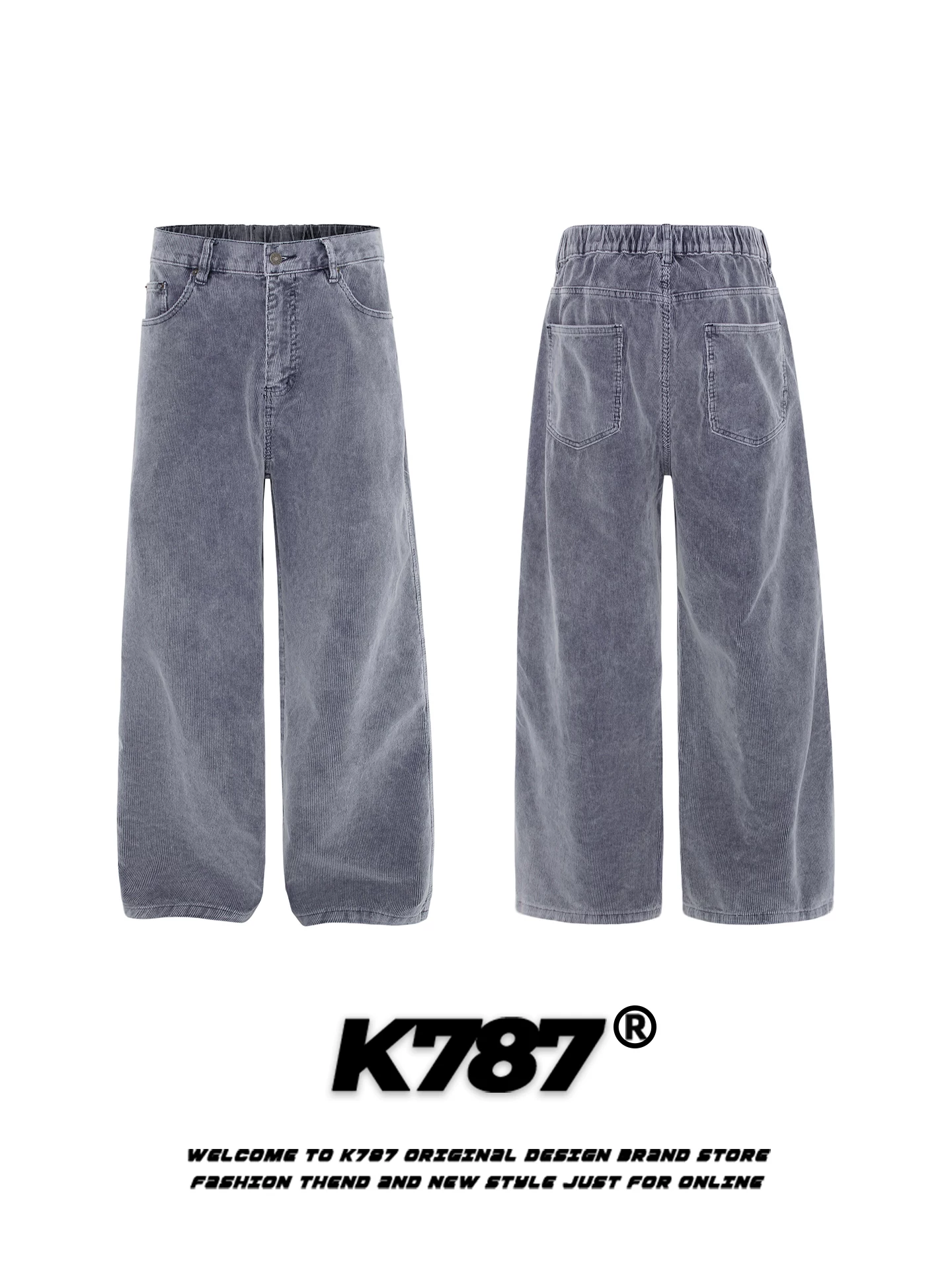 Quần âu kiểu Mỹ cổ điển K787 chất liệu corduroy, thiết kế rách cá tính, dành cho nam và nữ, dáng rộng, phong cách tiền đại lý, đường phố, ống thẳng, ống rộng.