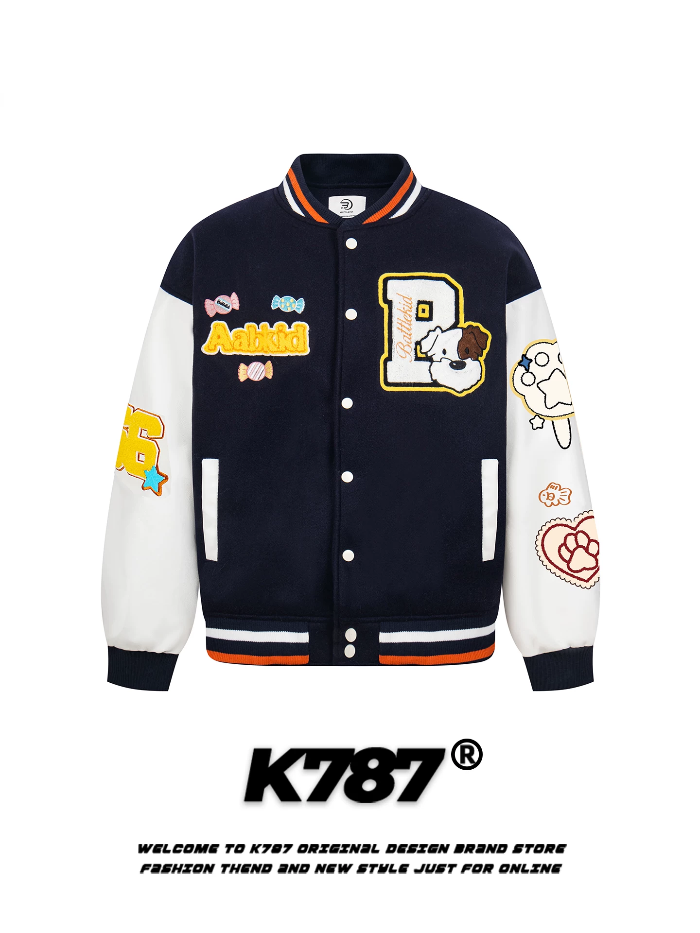 Áo khoác bóng chày kiểu đường phố Mỹ K787 dễ thương hình chú chó bánh ngọt, unisex, rộng rãi, hợp thời trang, thương hiệu nổi tiếng, có lớp lót ấm, áo đôi mùa đông