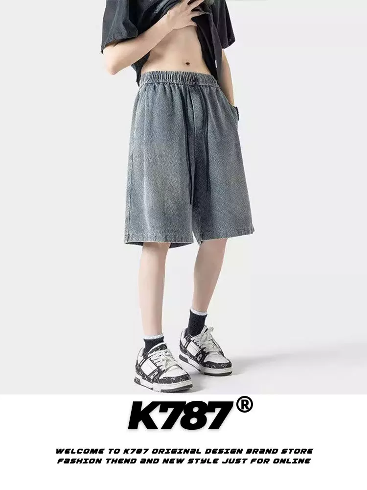 Quần short denim nam K787 kiểu Mỹ cổ điển, họa tiết bầu trời sao, phai màu, rách nhẹ, dáng thẳng, đa năng, dài ngang đùi.
