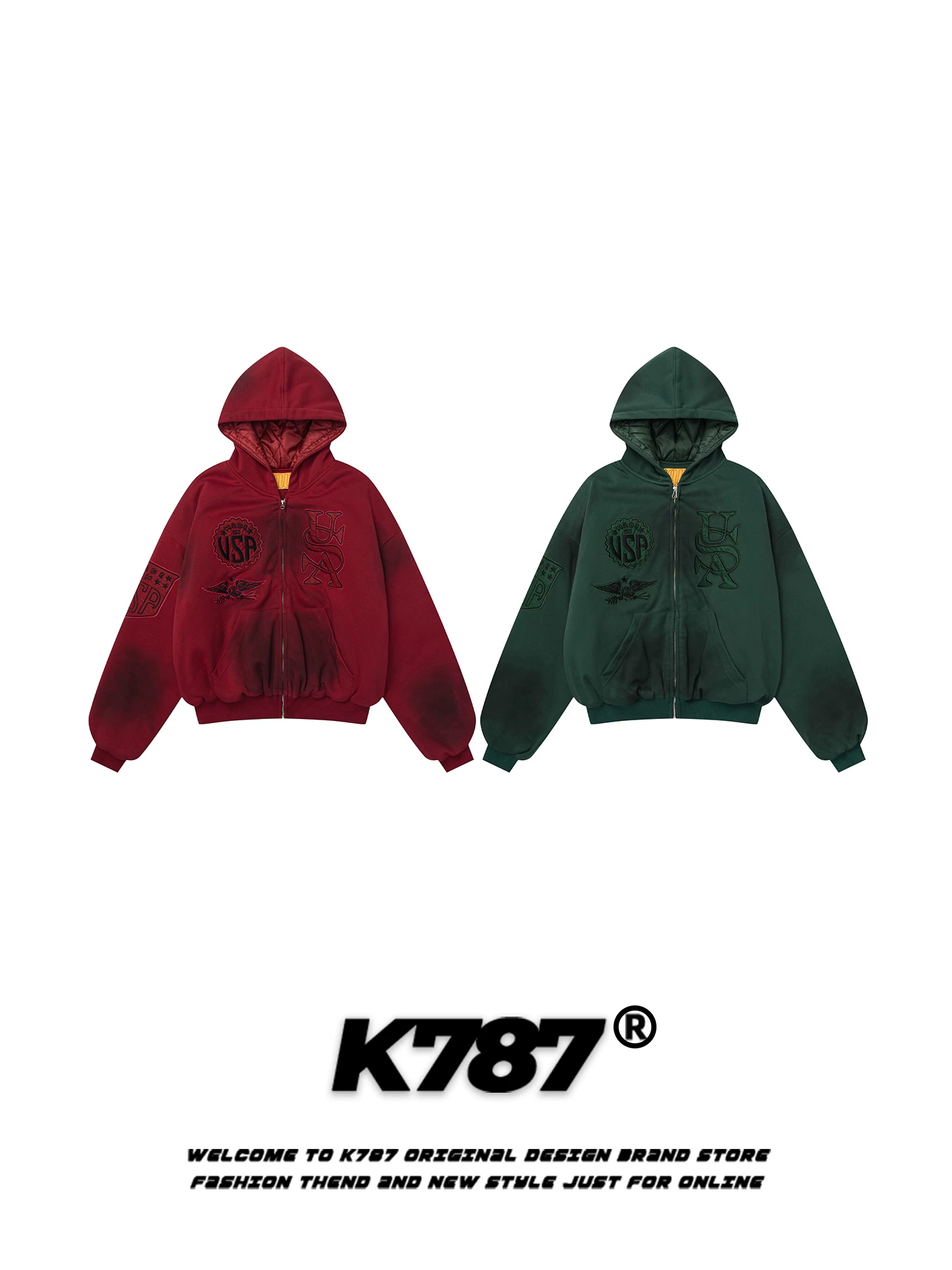 Áo khoác cotton có mũ trùm đầu thêu chữ cổ điển Mỹ K787 dành cho nam và nữ, áo khoác cotton có khóa kéo màu đỏ tía ấm áp cổ điển hợp thời trang
