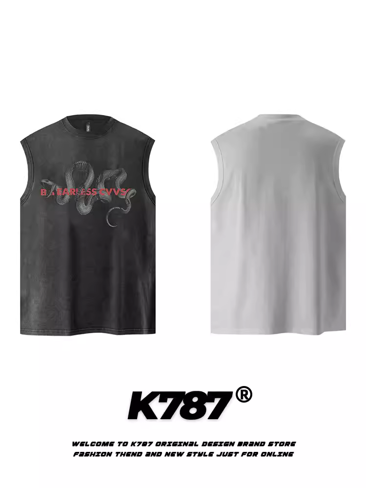 K787 Phong cách đường phố Mỹ chữ python hip-hop áo vest unisex áo nỉ ngoại cỡ thể thao áo thun không tay