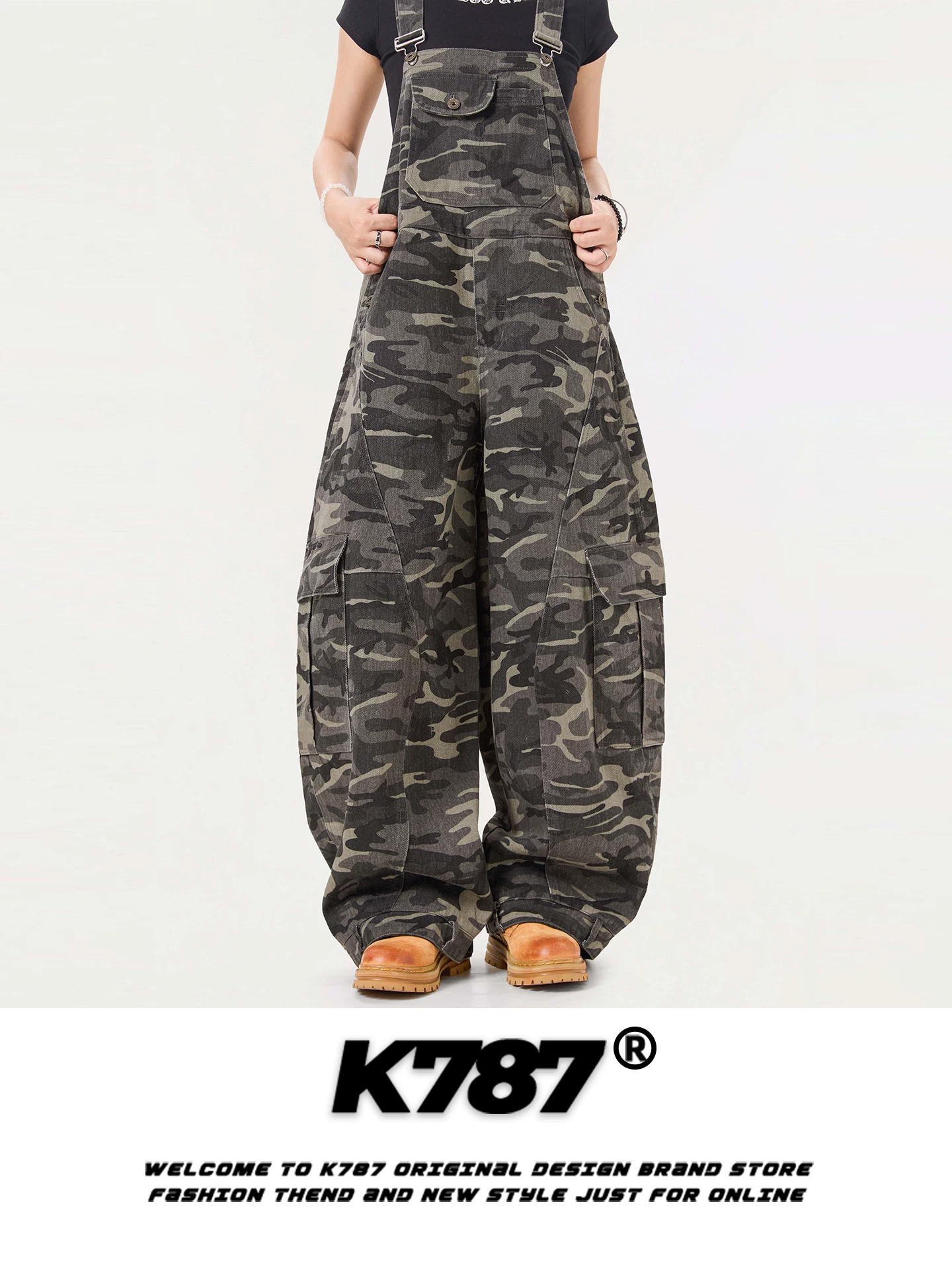 Quần yếm cargo kiểu Mỹ cổ điển K787, unisex, thiết kế phá cách, nhiều túi, dáng rộng, thời trang, xu hướng, quần ống rộng