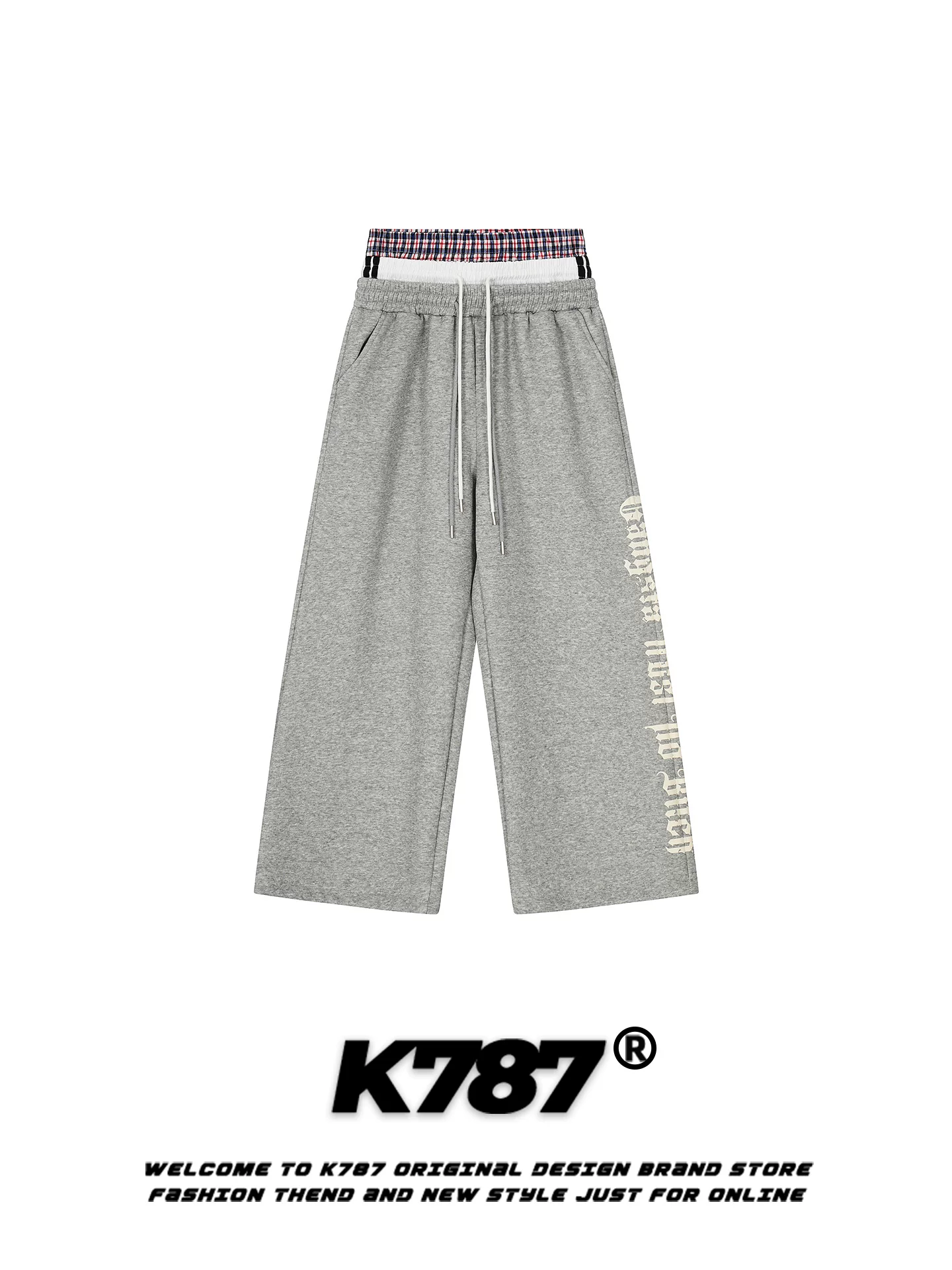 Quần jogger unisex dáng rộng, ống đứng, dài chấm đất, in chữ, phong cách retro Mỹ, có dây rút ba vòng K787