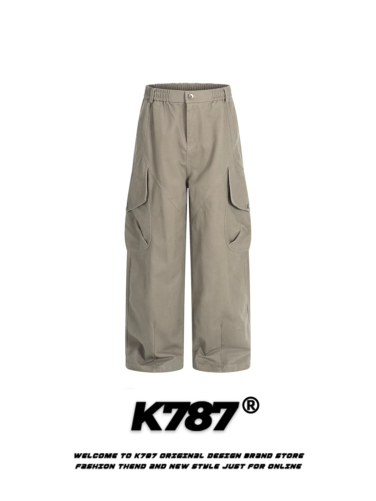 Quần cargo unisex kiểu đường phố Mỹ K787, túi hộp lớn, phong cách casual, cạp cao, dáng rộng, màu trơn, ống thẳng, dài.