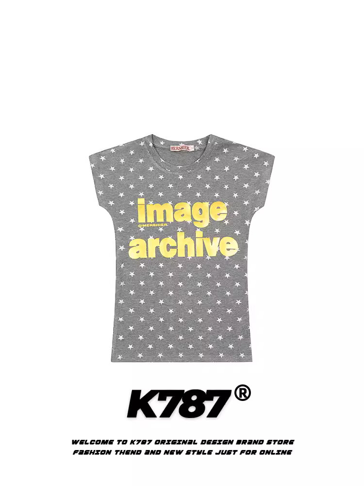 Áo thun ngắn tay in hình chữ cái và ngôi sao K787 dành cho nữ, thuần khiết, đa năng, phong cách đường phố độc đáo