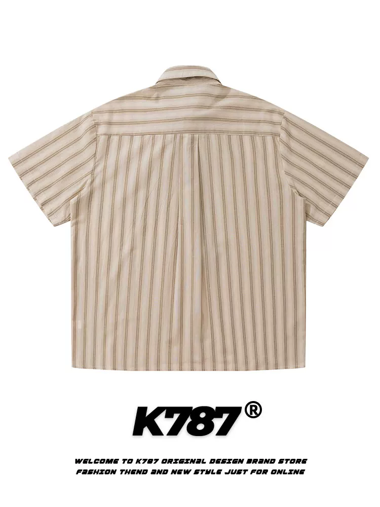 Áo sơ mi ngắn tay kẻ sọc phong cách retro Mỹ K787, unisex, đa năng, dáng rộng, kiểu áo công sở, mùa hè 2025, áo đôi