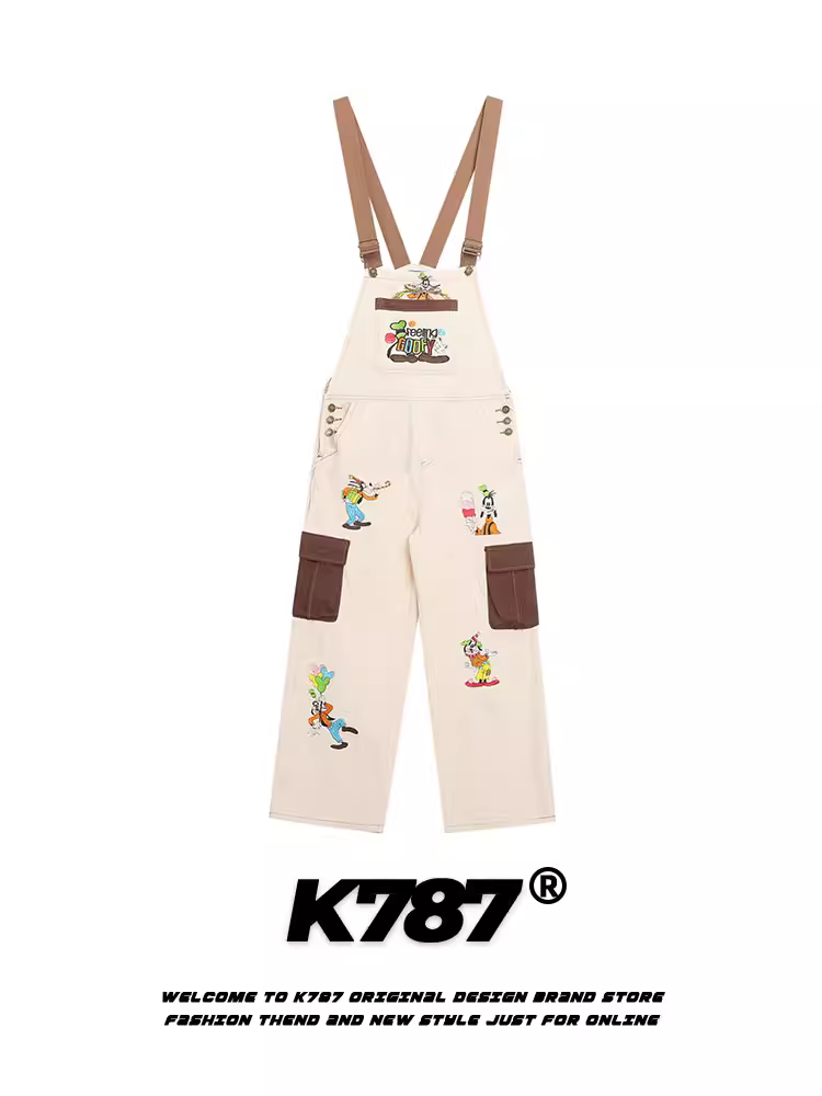 K787 Bộ áo liền quần vải canvas kiểu cổ điển của Mỹ có thêu hình chú chó unisex phong cách đại học quần yếm denim phối màu