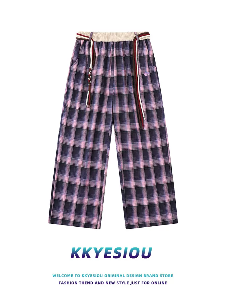 Quần kẻ sọc cổ điển kiểu Mỹ KKyesiou dành cho nam và nữ, quần ống đứng dáng thể thao đa năng, cạp cao, phong cách lười biếng