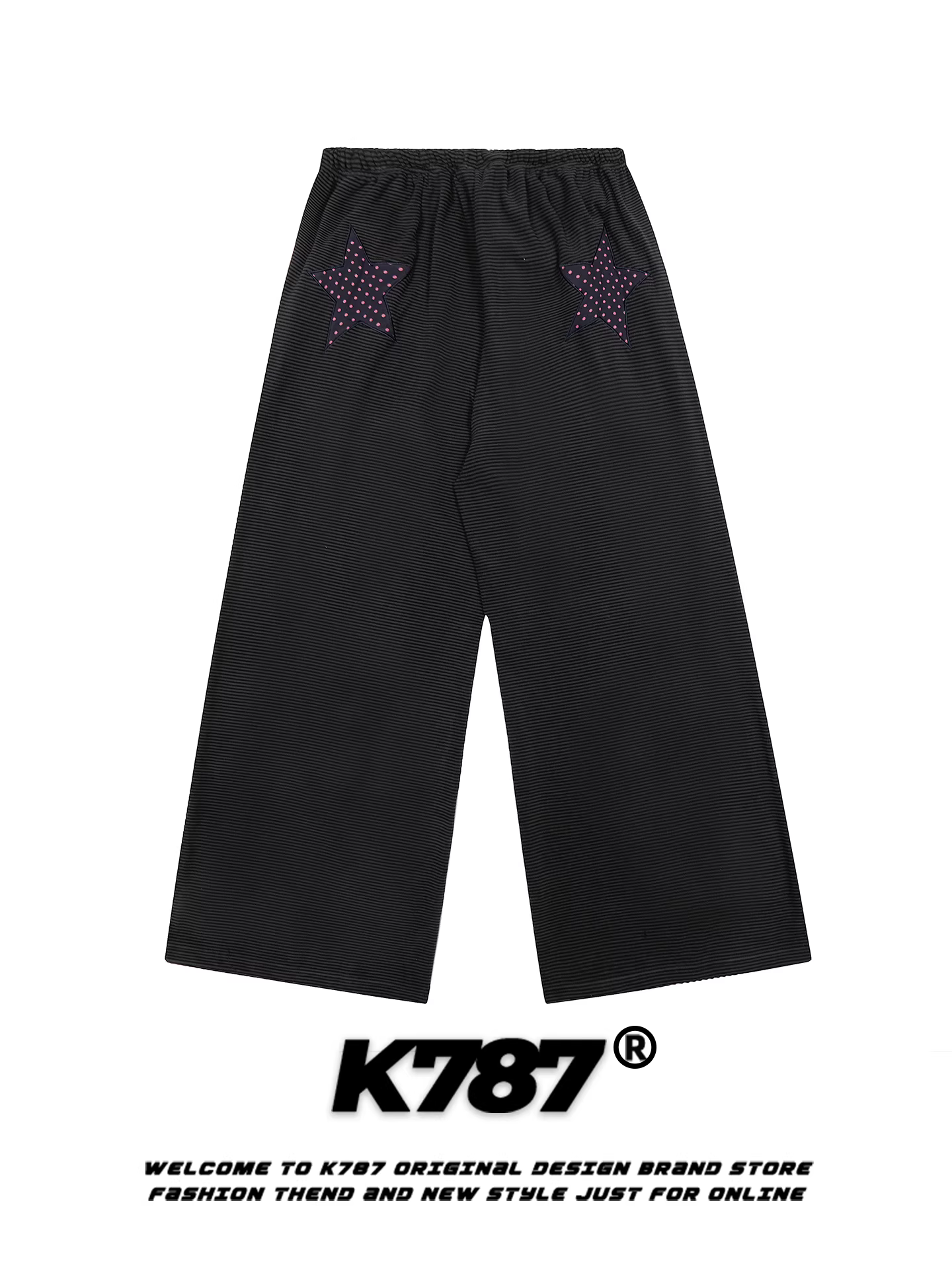 Quần ống rộng kẻ sọc thêu sao phong cách đường phố Mỹ K787 dành cho nữ, quần thể thao ống đứng rộng rãi và thoải mái