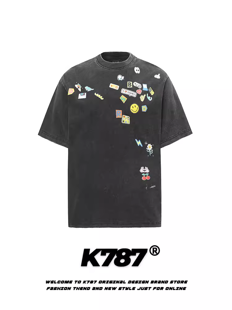 Áo thun ngắn tay in hình hoạt hình cổ điển kiểu Mỹ K787 dành cho nam và nữ, dáng rộng, chất dày, áo đôi đa năng.