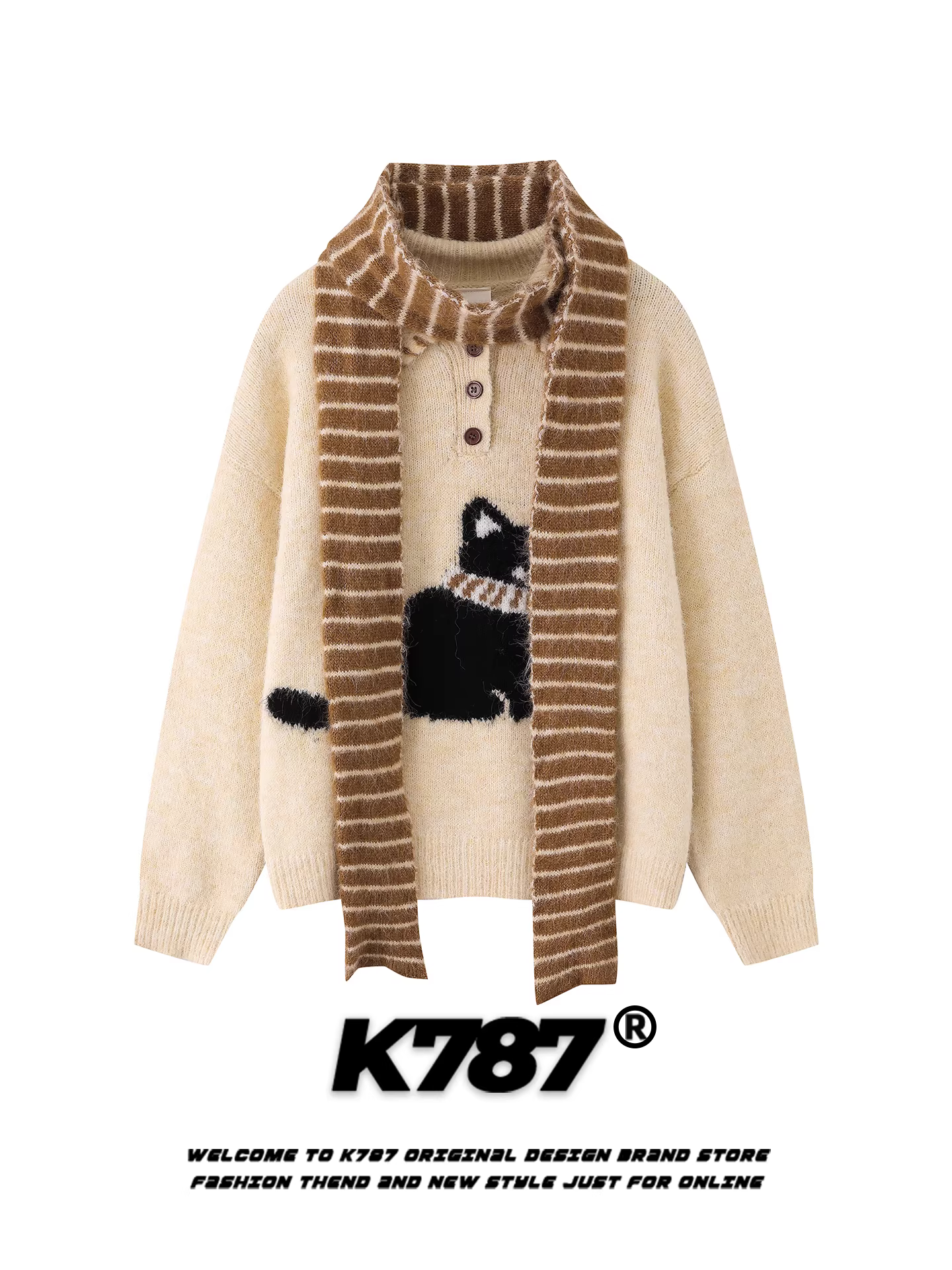 Áo len dệt kim sọc mèo nhẹ nhàng và ngọt ngào K787 dành cho nữ, áo len chui đầu mềm mại và giản dị theo phong cách đại học giảm tuổi tác