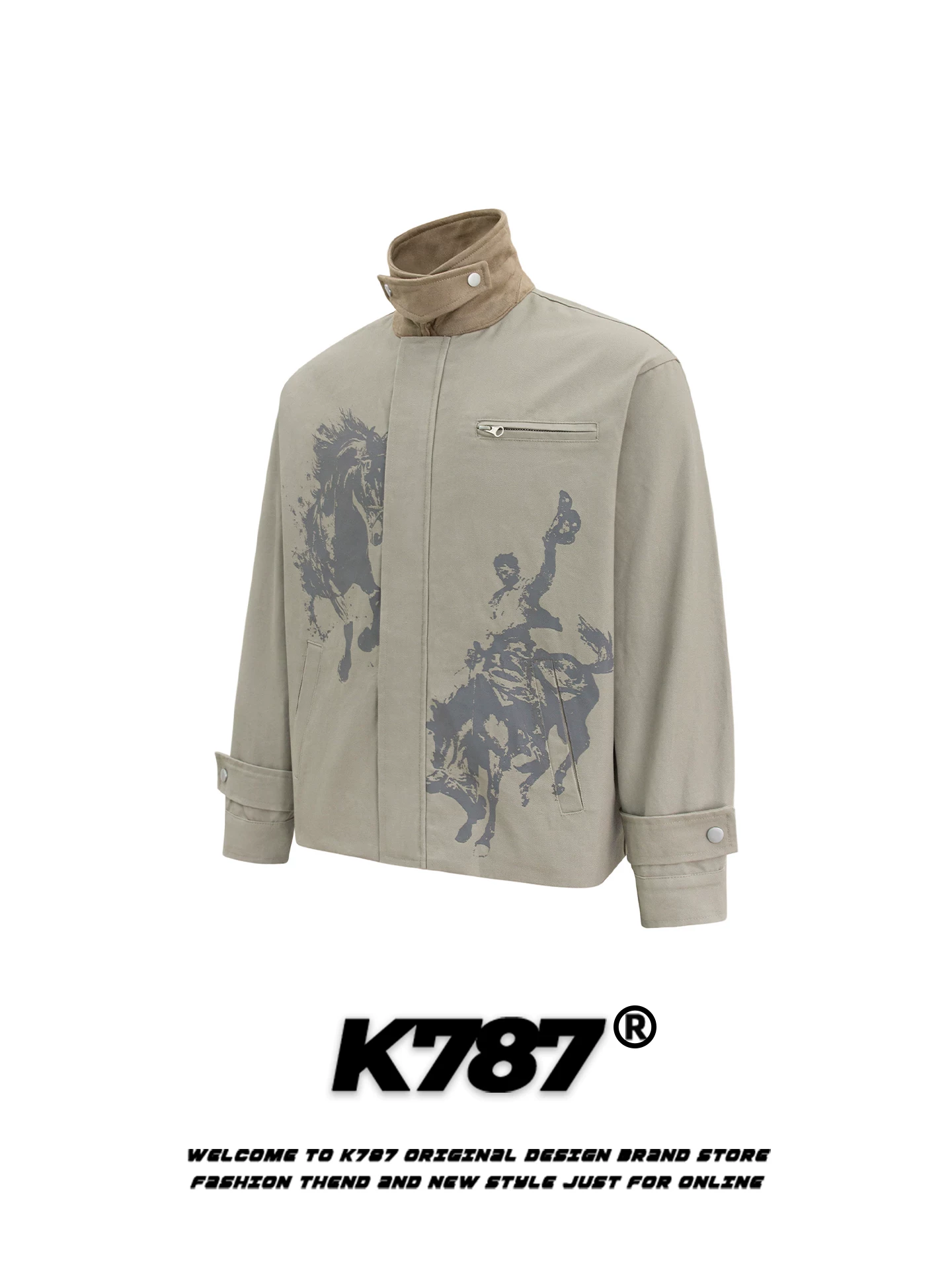 Áo khoác cổ đứng phối màu phong cách retro Mỹ in hình ngựa K787, unisex, thời trang, rộng rãi, phong cách thường ngày, áo khoác cặp đôi, áo khoác công sở