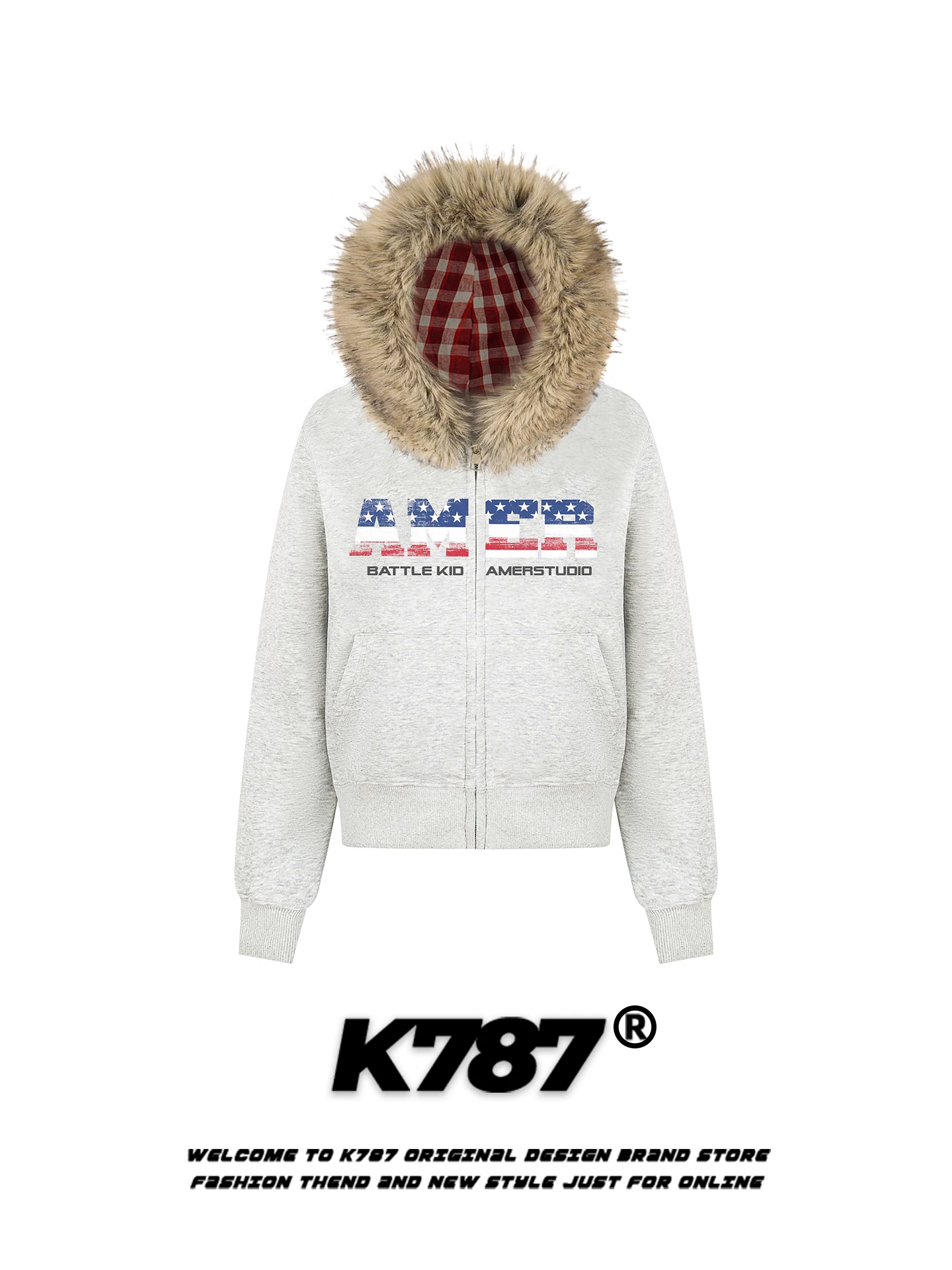 Áo khoác hoodie có mũ trùm đầu, cổ lông, in chữ kiểu retro Mỹ K787 dành cho nữ, phong cách hot girl, áo khoác ngắn có khóa kéo, lót lông cừu, thích hợp cho mùa đông.