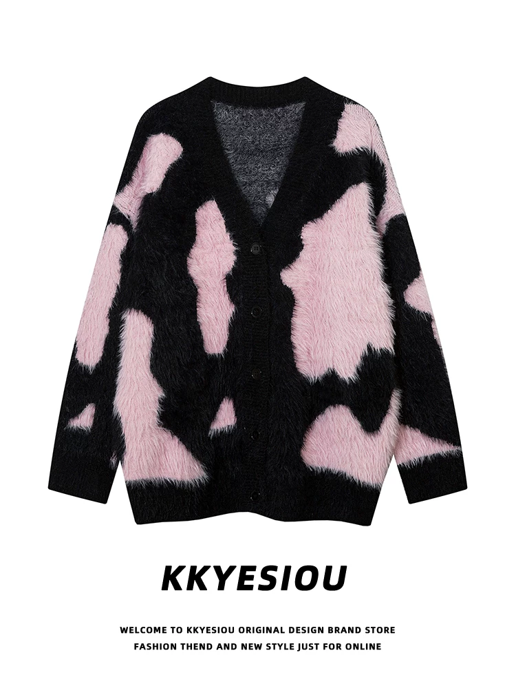 Áo khoác cardigan len giả mohair phong cách retro Mỹ, phối màu đen hồng, kiểu dáng lười, unisex, phong cách sinh viên, mã K787