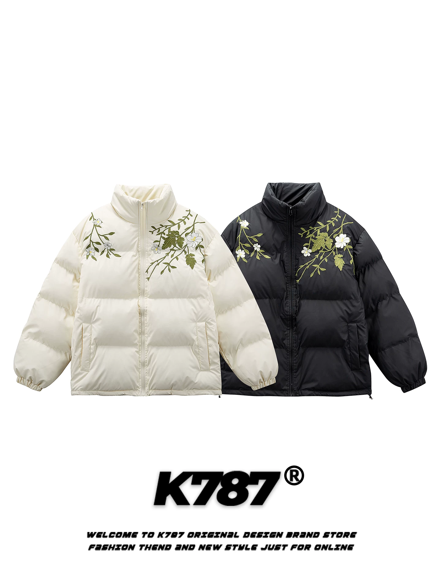 Áo khoác cotton cổ đứng thêu hoa kiểu Mỹ cổ điển K787 dành cho nam và nữ, dày dặn và ấm áp cho mùa đông, áo khoác cotton có khóa kéo dành cho cặp đôi.