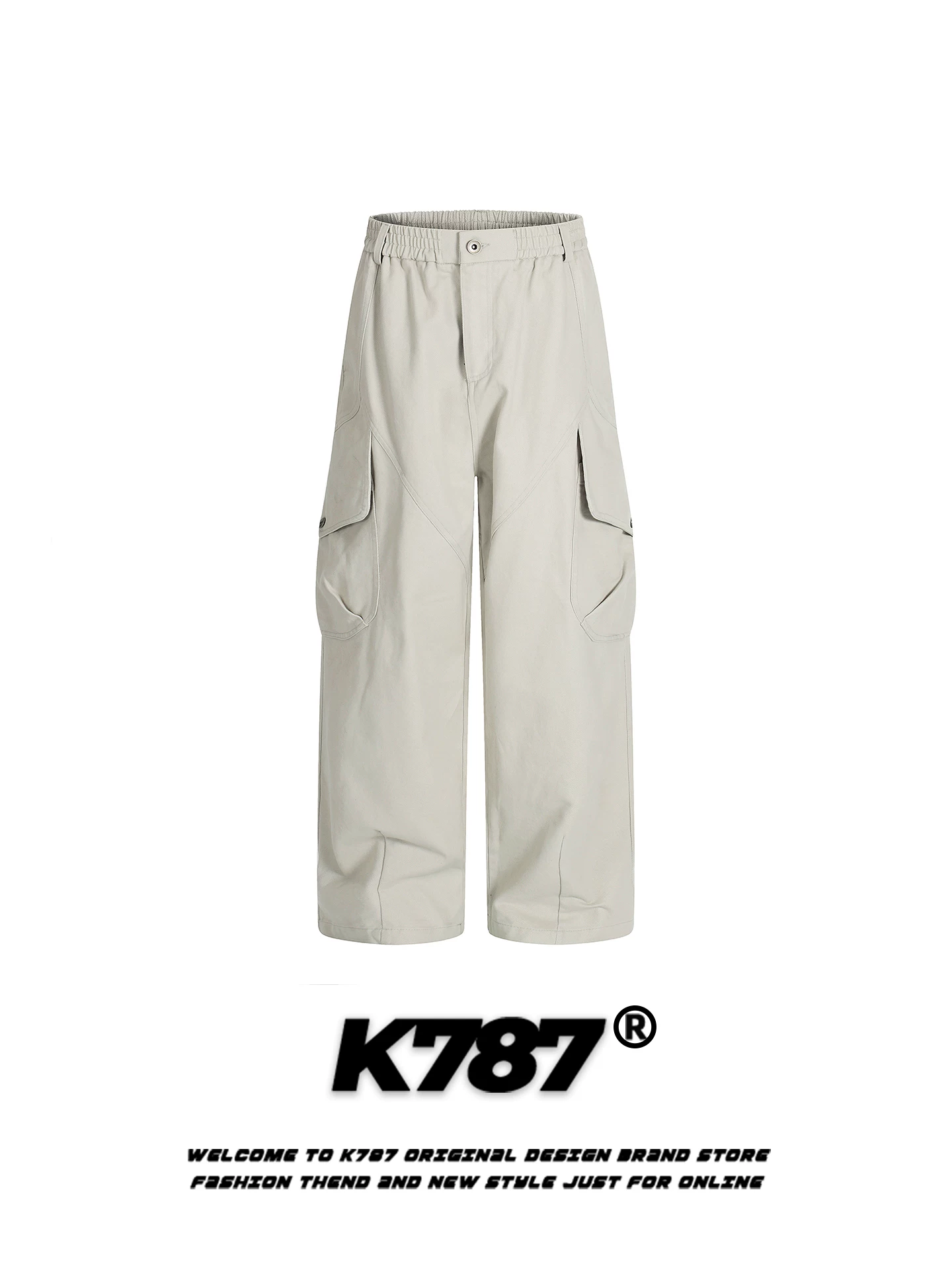 Quần cargo unisex kiểu đường phố Mỹ K787, túi hộp lớn, phong cách casual, cạp cao, dáng rộng, màu trơn, ống thẳng, dài.