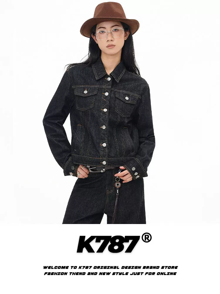 Áo khoác denim kiểu đường phố Mỹ K787, đường may lộ, thương hiệu thời trang unisex, áo khoác ngắn đa năng