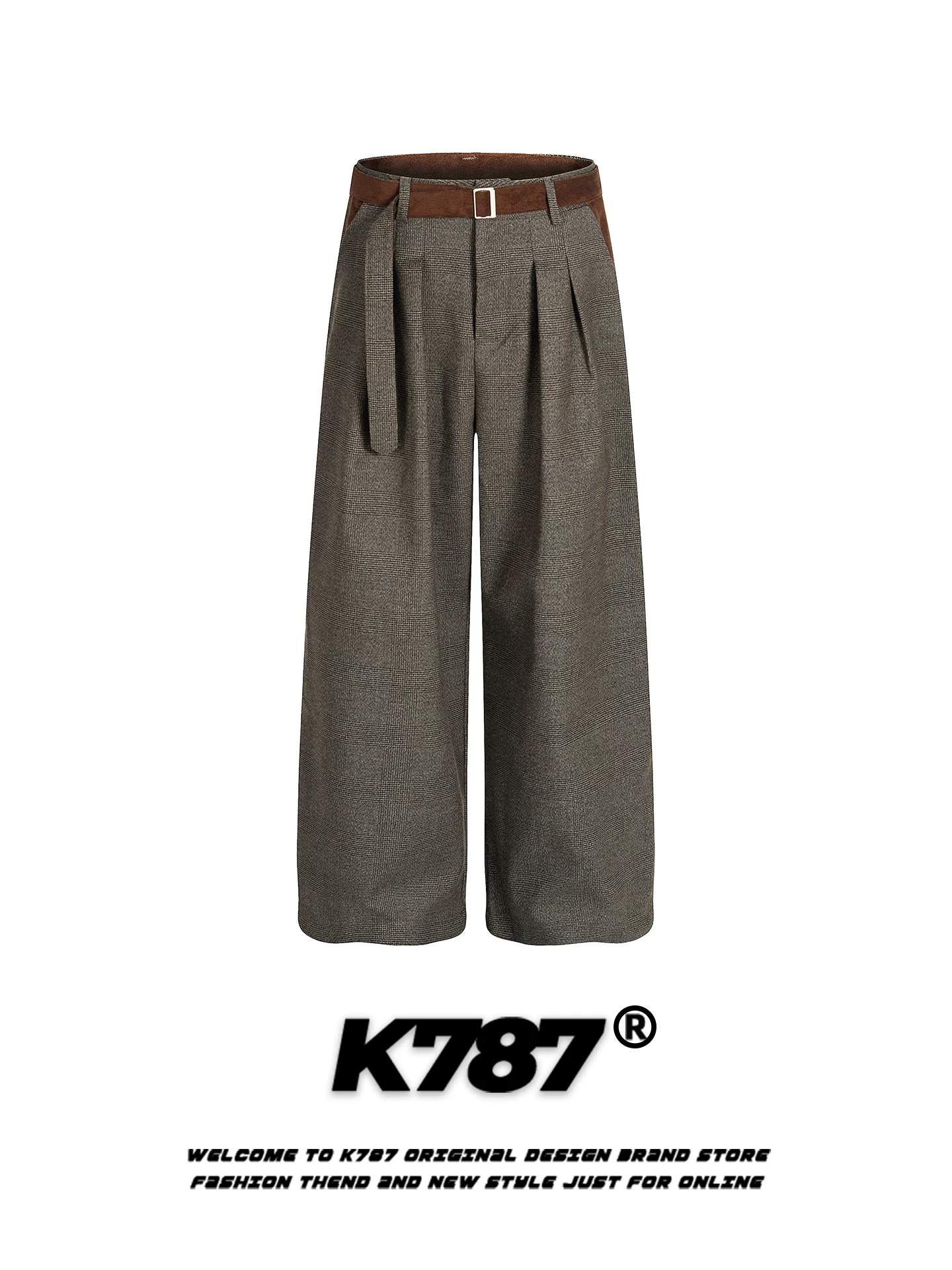 Quần âu unisex kiểu dáng rộng thùng thình, chất liệu vải houndstooth cổ điển Mỹ K787, phong cách tiền cổ, đa năng, dáng thẳng, ống rộng.