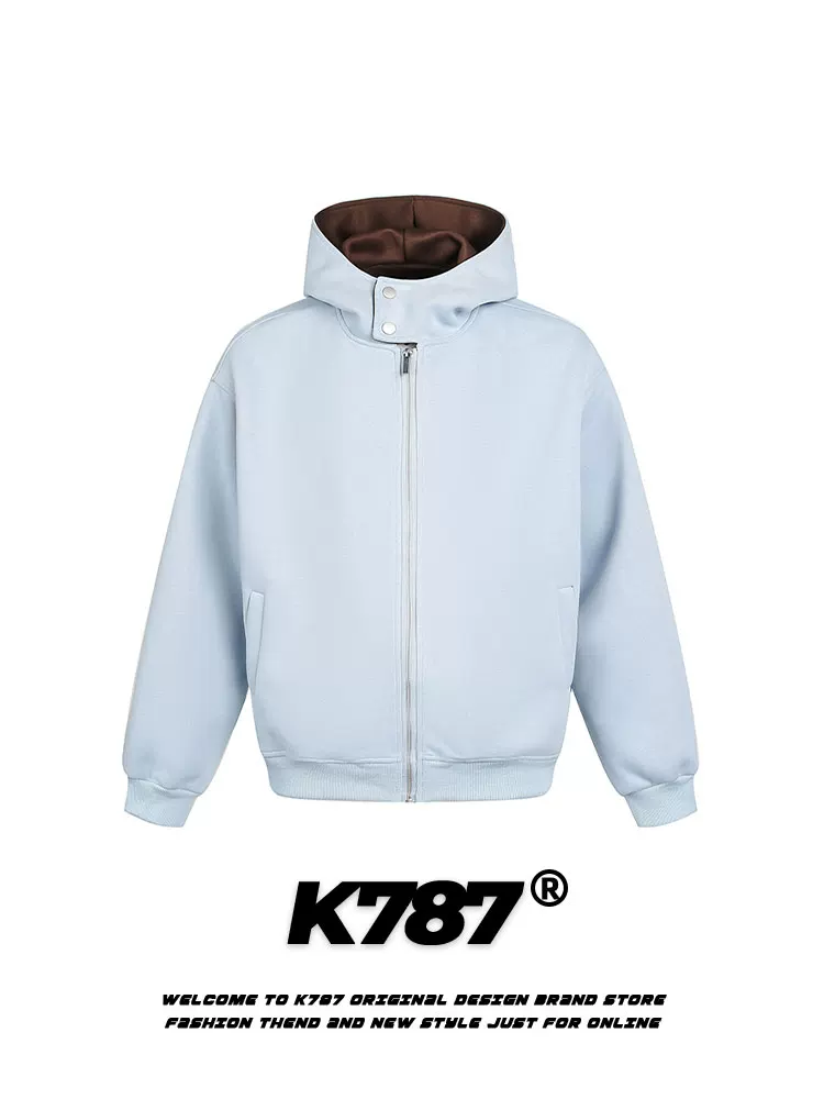 Áo khoác có mũ trùm đầu màu trơn phong cách retro Mỹ K787 dành cho nam và nữ, áo khoác cardigan dáng rộng đa năng hợp thời trang