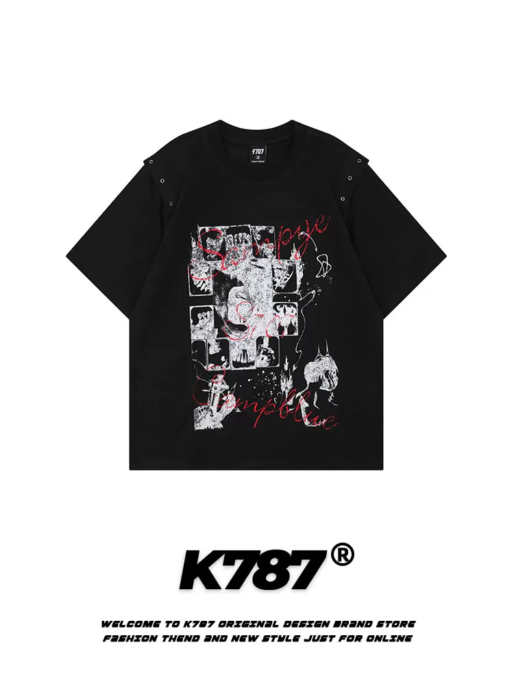 Áo thun ngắn tay K787 kiểu Mỹ cổ điển, họa tiết graffiti, dành cho nam và nữ, có tay áo tháo rời, áo cặp, áo ba lỗ, áo lót.