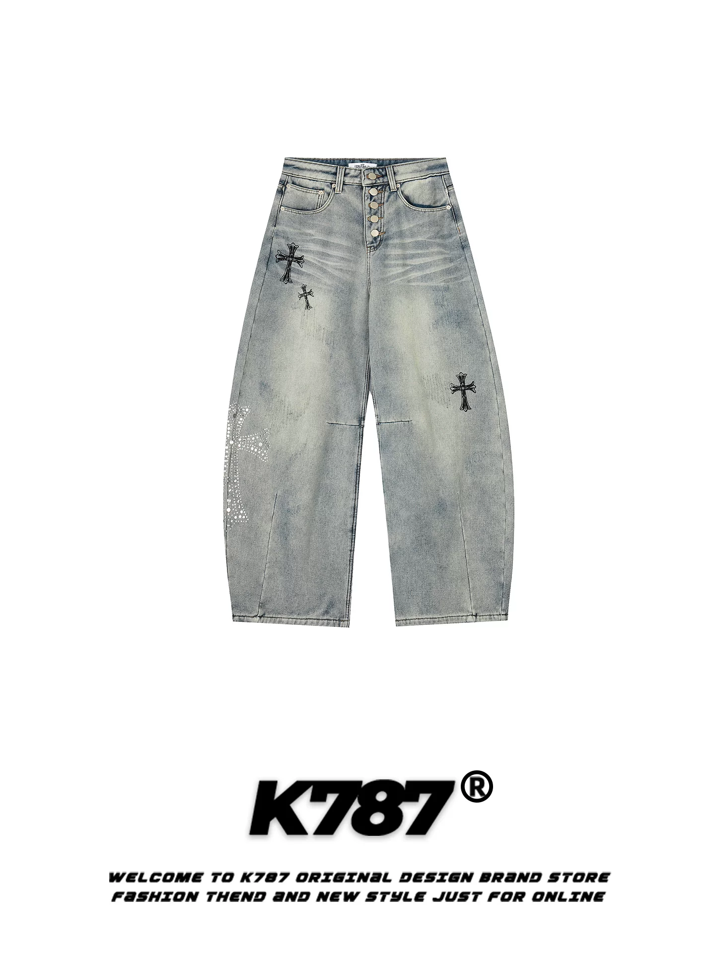 Quần jeans nữ thêu đá kiểu Mỹ cổ điển K787, dáng rộng, phong cách gothic, cạp cao, ống rộng, kiểu dáng thoải mái