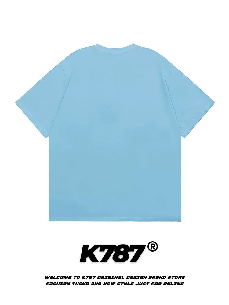K787 Áo thun ngắn tay in họa tiết phun sơn theo phong cách retro của Mỹ dành cho nam và nữ, áo thun dáng rộng đa năng phong cách hip-hop dành cho cặp đôi