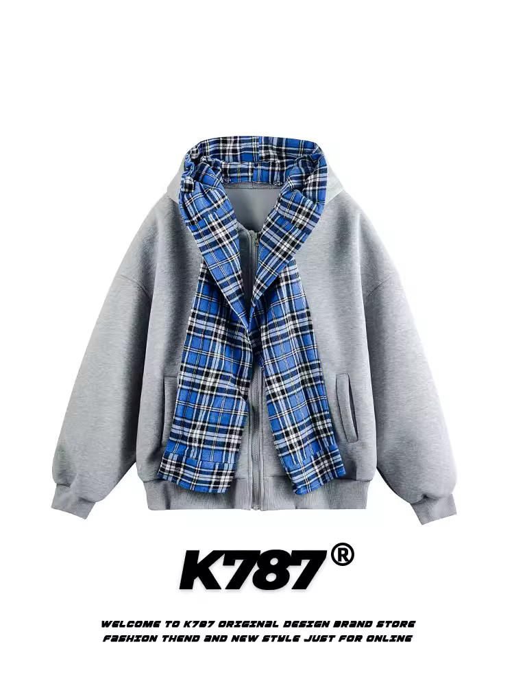Áo khoác cardigan có mũ trùm đầu kiểu Mỹ cổ điển giả hai mảnh kẻ sọc K787 dành cho nam và nữ, phối khăn quàng cổ, kiểu dáng lười biếng, áo khoác cặp đôi