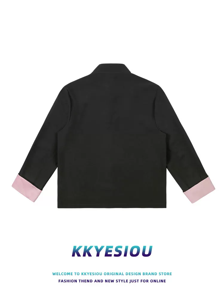 Áo khoác cổ đứng nghệ thuật hip-hop kiểu Trung Quốc KKyesiou dành cho nam và nữ, áo khoác sơ mi phối màu hồng và đen theo phong cách dân tộc