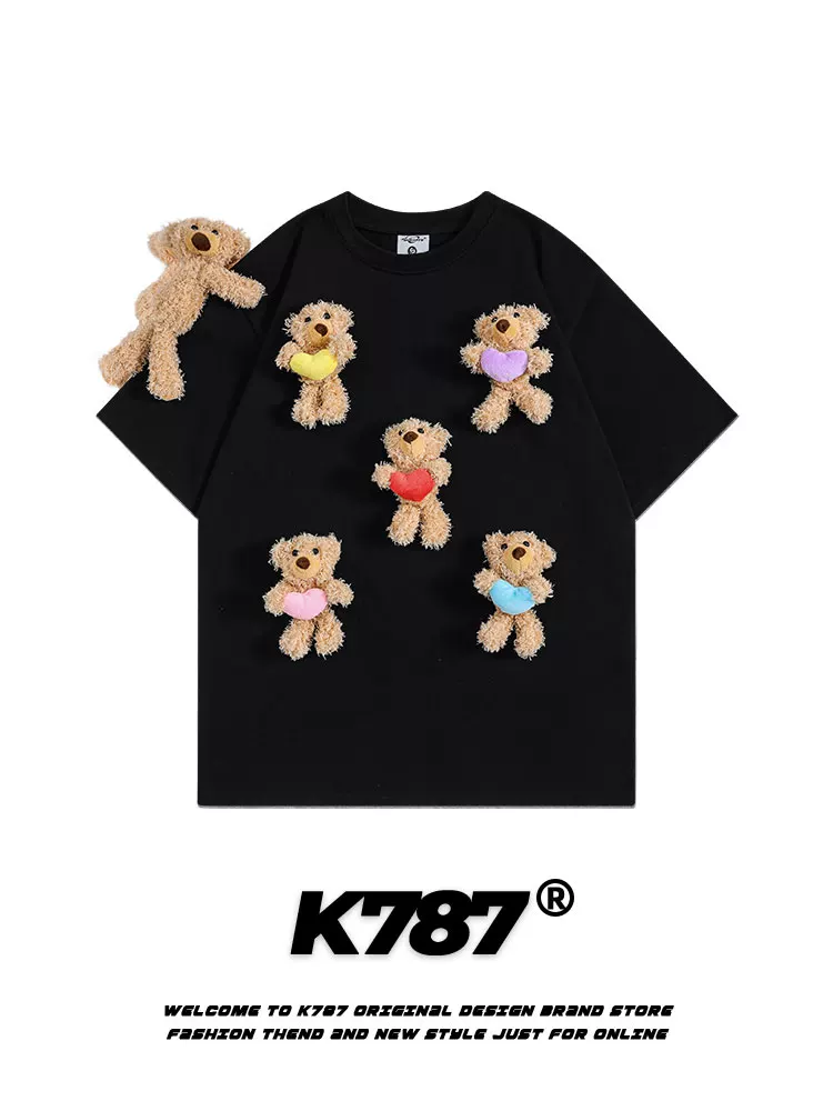 K787 Áo thun ngắn tay phong cách retro Mỹ có mặt dây chuyền hình gấu phong cách đại học unisex đa năng thiết kế giản dị áo thun cặp đôi