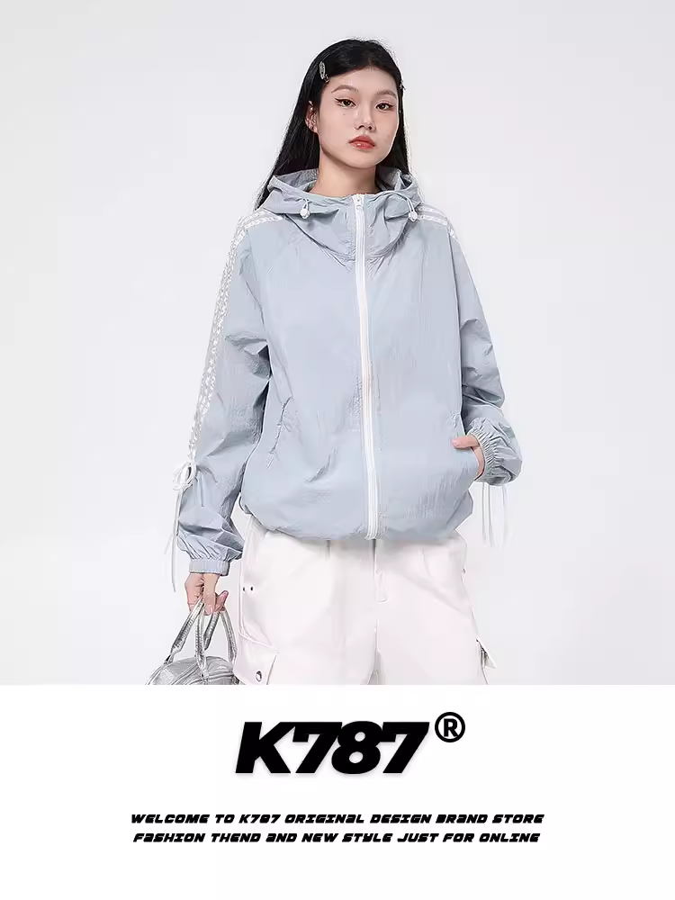 Áo khoác chống nắng ngoài trời ba sọc K787 dành cho nam và nữ, UPF50+, có mũ trùm đầu kiểu nơ