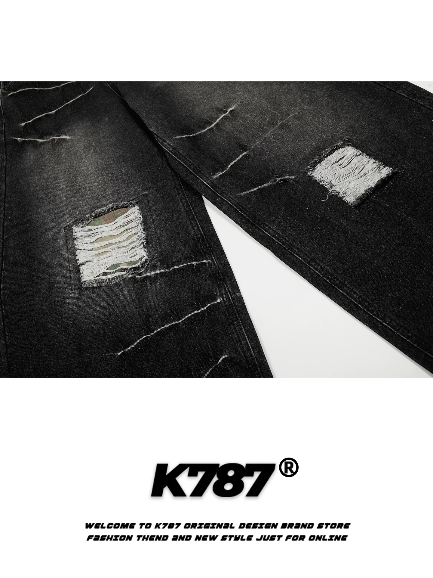 Quần jeans unisex dáng rộng, cạp cao, phong cách retro Mỹ, họa tiết phối màu rằn ri, kiểu dáng xù xì, xu hướng quốc dân, K787