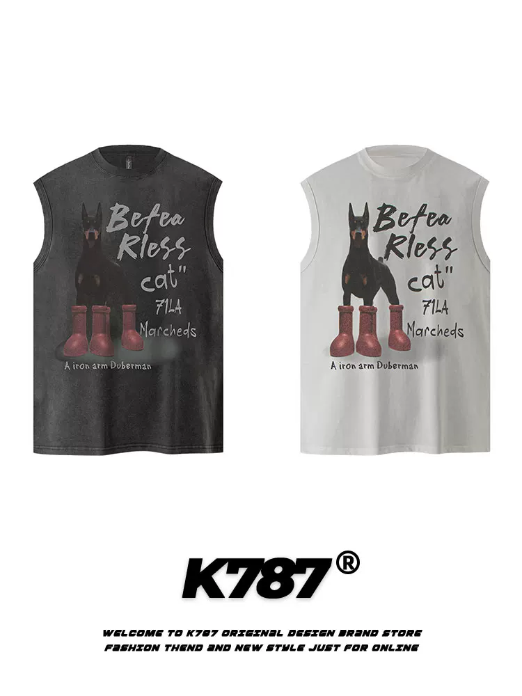 K787 Phong cách đường phố Mỹ Doberman in hình ngộ nghĩnh áo vest unisex ngoại cỡ áo ba lỗ áo thun không tay mùa hè